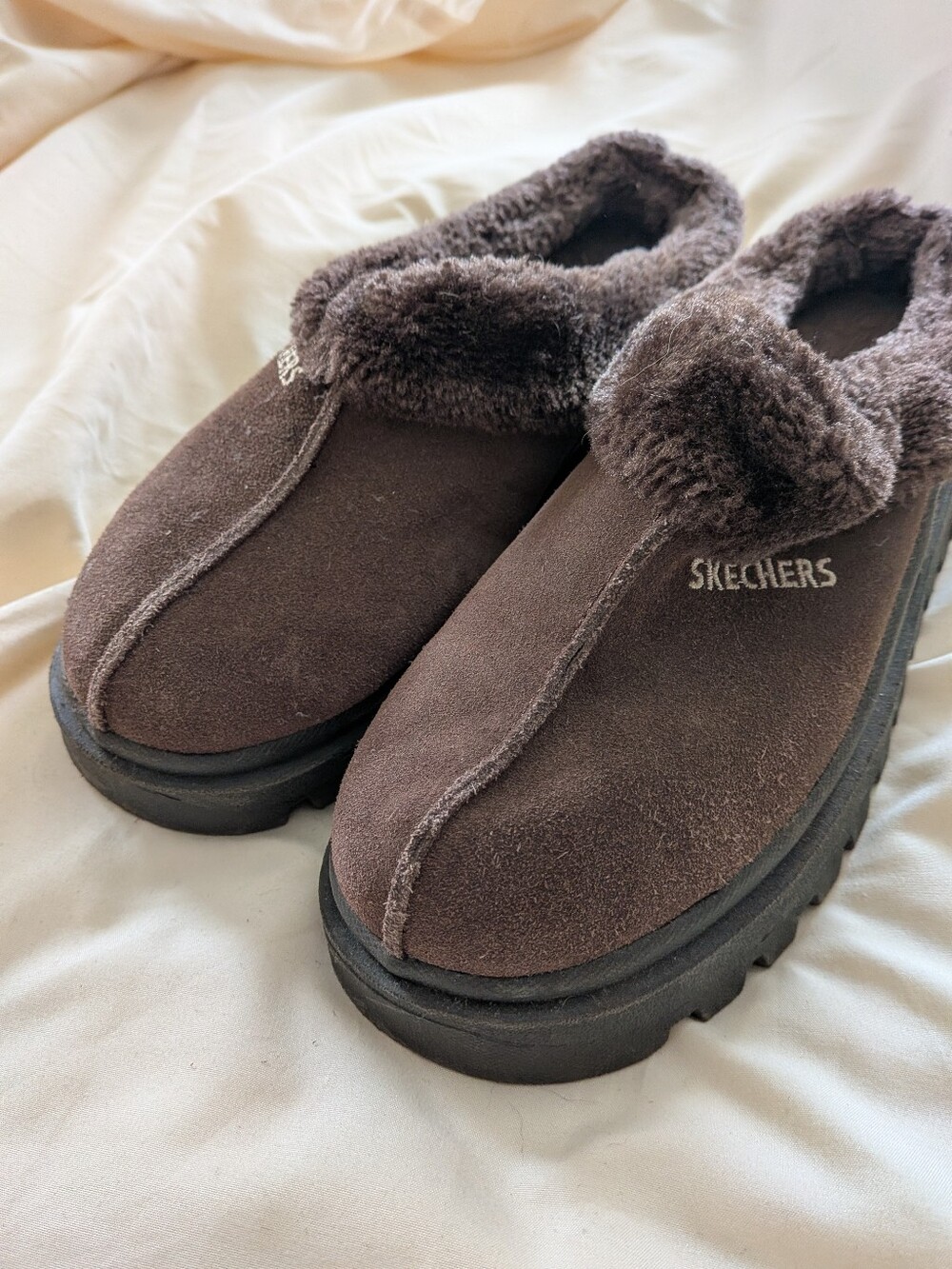Skechers Women's Dark Brown Faux-Fur Slip-On Clogs with Lug soles